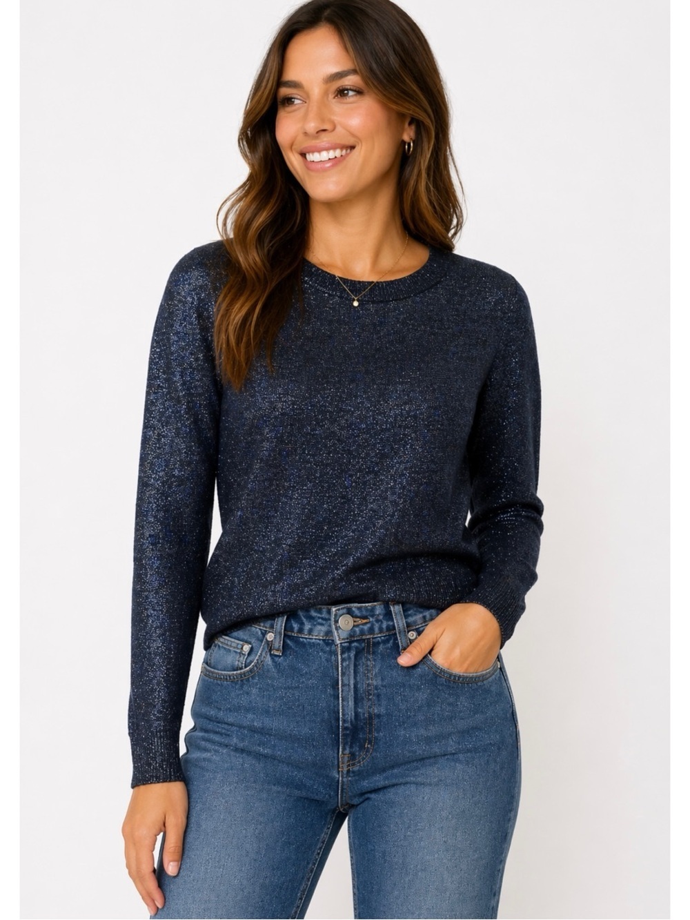A.P.C. | Metallic Blue Black Lightweight Ribbed Trim Long Sleeve Sweater Small